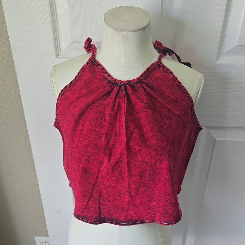GJG‎ Denim Womens Acid Wash Halter Crop Top Red Black Blouse#15 Medium NWT